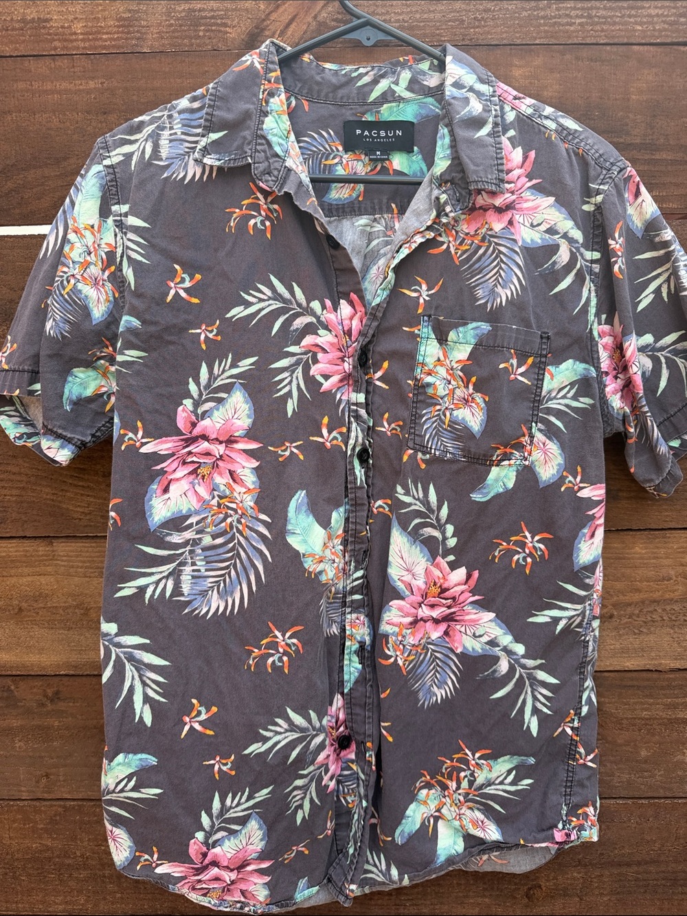 PacSun Tropical Floral Button-Up Shirt in Charcoal with Pink Accents